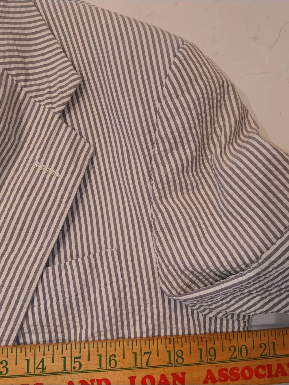Classic Men's Seersucker Blazer in Cream & Navy Stripe, cotton